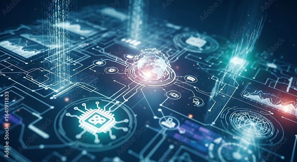 Obraz premium Abstract technology circuit board with digital globe and binary code overlay illustration
