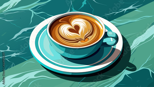 On the marble table, an overhead close-up shot frames a cup of coffee with crema resting on a teal saucer, radiating cozy charm and the artistry of everyday moments.