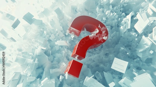 A large red question mark amidst a backdrop of abstract, crystalline structures.