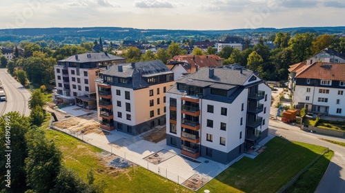 Aerial view of modern residential buildings with surrounding landscape and roads.