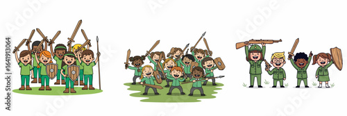 Colorful Handdrawn Children Playing Soldiers with Wooden Weaponry Illustration