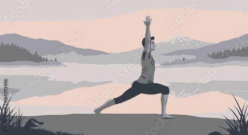 Yoga Warrior Pose Against Mountain Landscape Background
