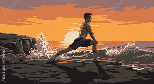 Sunrise Stretch A Man's Coastal Morning Workout Routine at Dawn