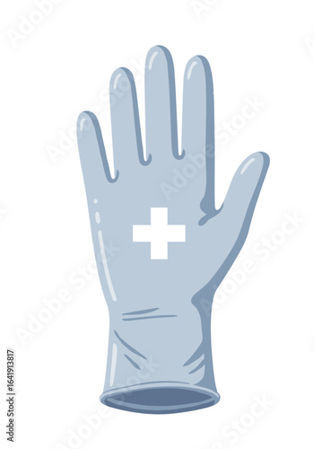 Medical glove with a cross on a plain white background.