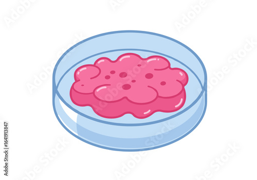 Petri dish with pink sample in laboratory setting  