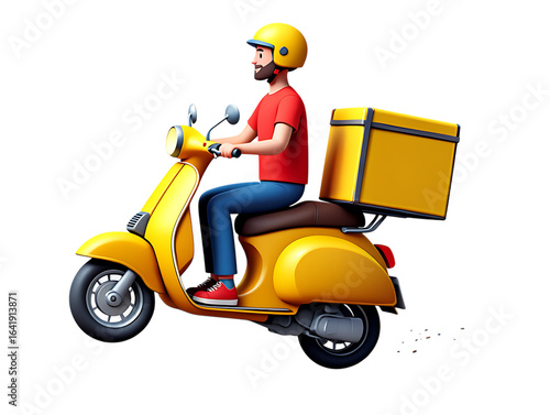 Dynamic 3D Cartoon of a Smiling Delivery Man on a Bright Yellow Scooter with a Large Box