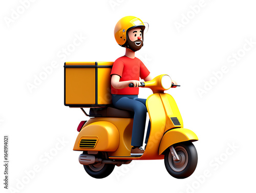 Side View of a Cheerful 3D Cartoon Delivery Rider on a Yellow Scooter with a Parcel Box