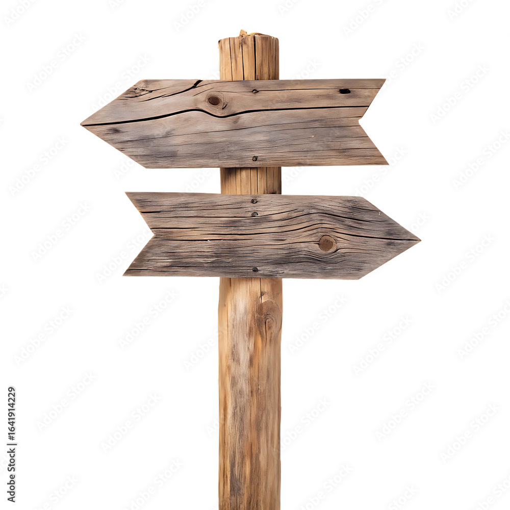 Naklejka premium Weathered wooden directional signpost isolated on a transparent background arrows
