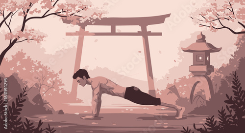 Man performs a plank exercise in a serene Japanese garden with a torii gate and pagoda, promoting fitness and mindfulness