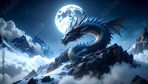 Majestic dragon atop snowy mountain peaks at night