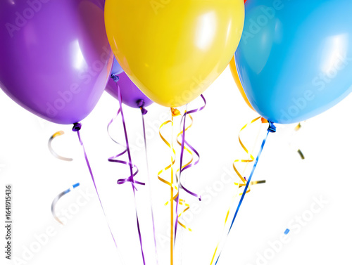 Assortment of vibrant party balloons with curly ribbons in purple, yellow, and blue hues.