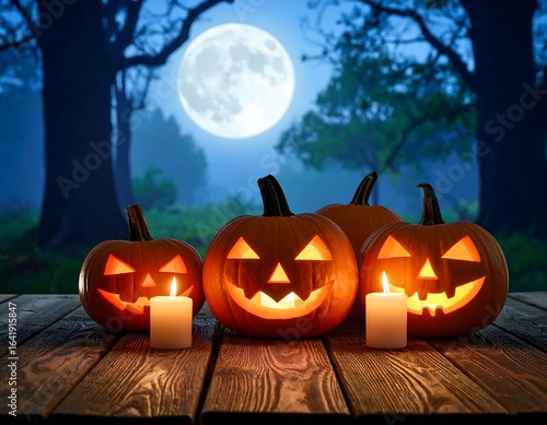 Halloween pumpkins under full moon