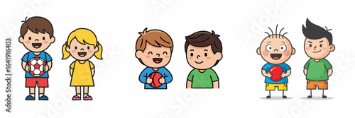 Cheerful Handdrawn Little Cartoon Group of Children Standing and Smiling Together