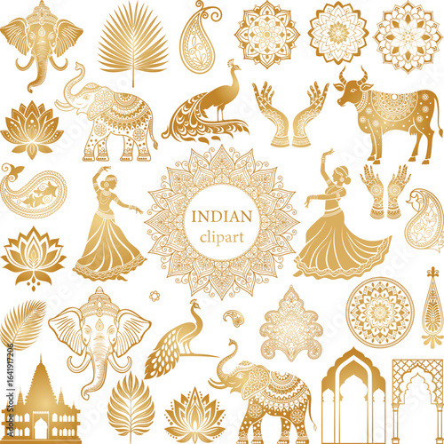 Indian Clipart Lotus mandala. Hindi ornament. Elephant, Dancers, Lotus, Henna Hands, Paisley, Temple