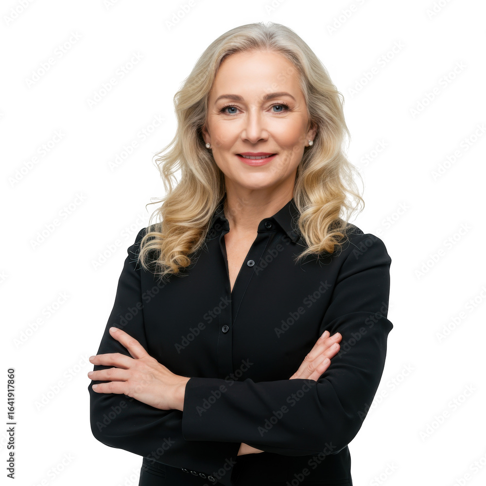 A confident mature woman with blonde wavy hair wearing a black collared shirt with her arms crossed isolated on transparent background A confident mature woman with blonde wavy hair wearing a black collared shirt with her arms crossed isolated on transparent background
