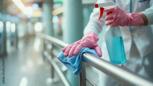 Healthcare worker cleaning metal railing