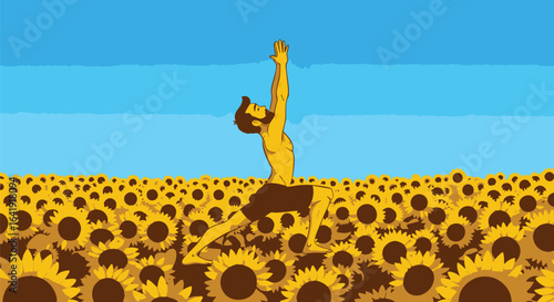 Yoga in Sunflower Field A Man's Serene Warrior Pose Under Clear Blue Sky for Wellness and Flexibility 