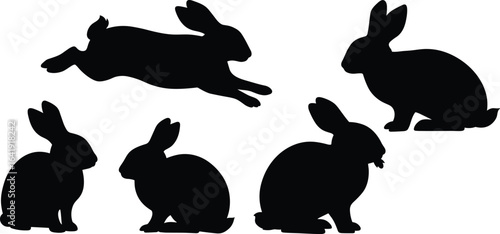 Rabbit silhouettes set, bunny sitting, hopping, jumping, eating, outline vector illustration, pet animal clipart, wildlife shape, domestic animal graphic