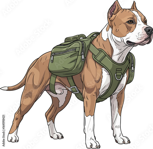 Working American Pit Bull Terrier dog with harness backpack vector