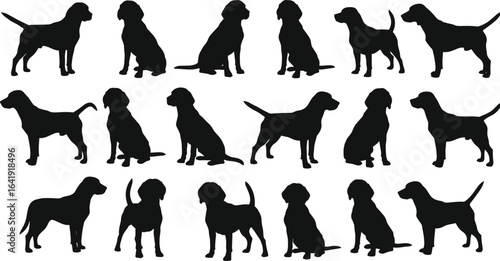 Black dog silhouettes, standing and sitting poses, pet animal vector set, canine breed outline, domestic dog graphic art, cute design illustration
