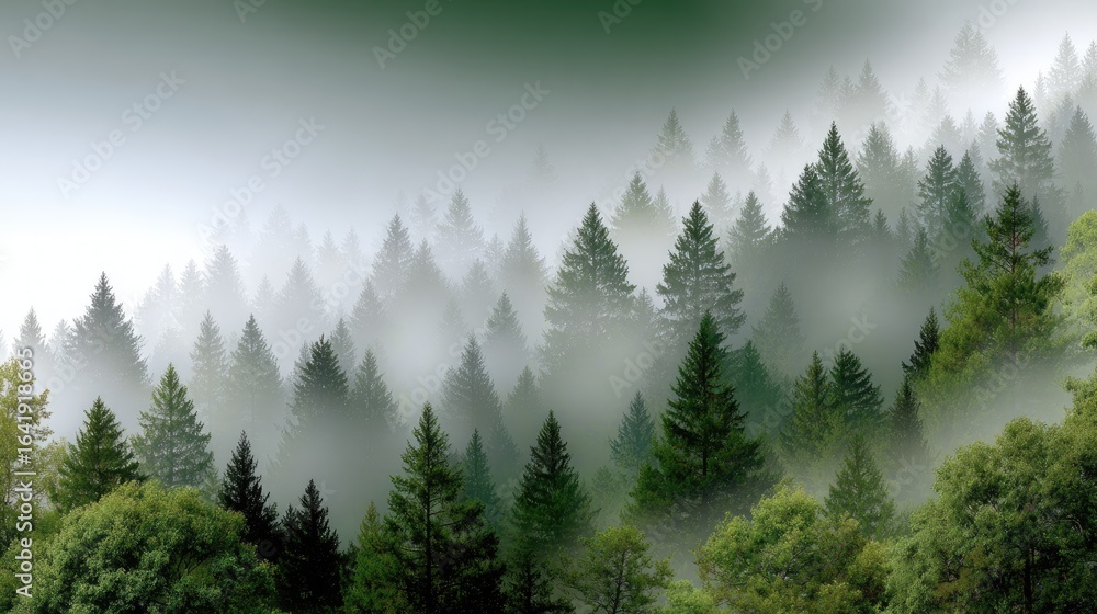 Obraz premium Silhouettes of towering pine trees rise against misty mountains, enveloped in soft lighting, evoking a tranquil forest ambiance