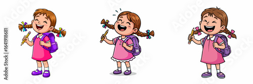 Cheerful Cartoon Little Girl Student with Backpack Holding Pencil Illustration