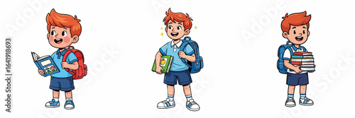 Handdrawn Cartoon Little Student with Backpack and Book Illustration Set