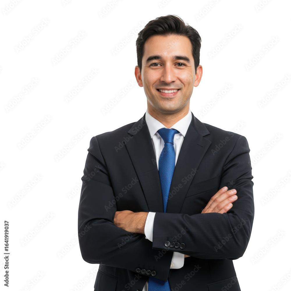 Smiling businessman confidently posed with arms crossed wearing a sharp suit and blue tie isolated on transparent background Smiling businessman confidently posed with arms crossed wearing a sharp suit and blue tie isolated on transparent background