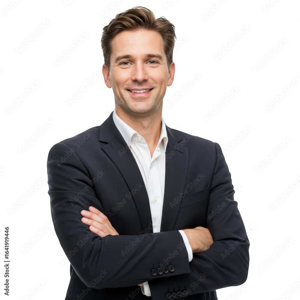 Smiling businessman with arms crossed wearing a dark suit and white shirt isolated on transparent background Smiling businessman with arms crossed wearing a dark suit and white shirt isolated on transparent background