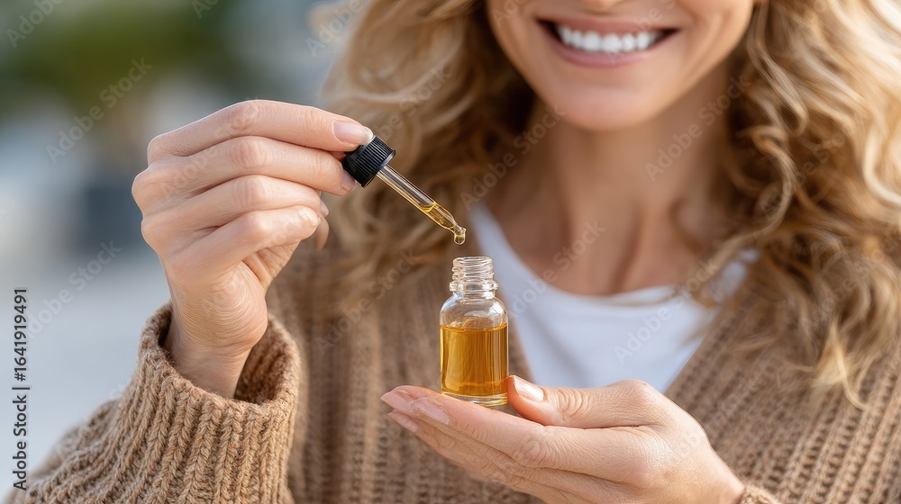 Fototapeta premium An attractive woman smiles while applying essential oil with a dropper, bathed in warm golden hour light in a serene setting