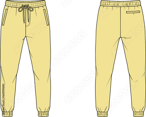 Yellow jogger sweatpants with elastic waistband, drawstring closure, side pockets, cuffed ankles, and back welt pocket fashion flat illustration