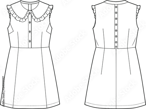 Girls sleeveless A-line dress with ruffle collar, front and back button closure, fitted waist, CAD flat fashion vector illustration