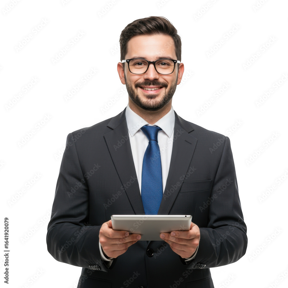 Smiling businessman in a dark suit and blue tie holding a tablet computer isolated on transparent background Smiling businessman in a dark suit and blue tie holding a tablet computer isolated on transparent background