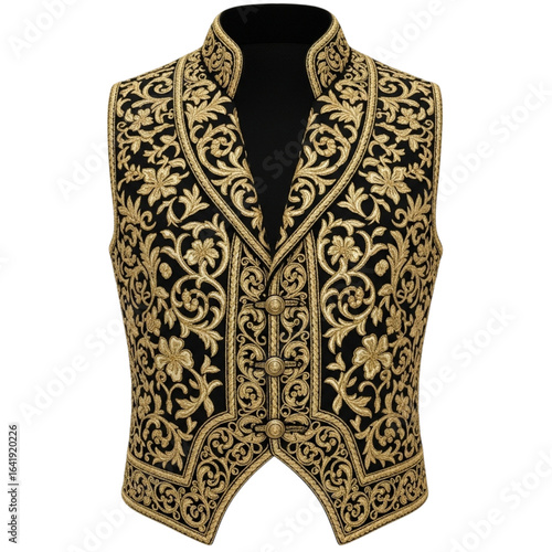 Ornate gold embroidered velvet vest isolated on transparent background