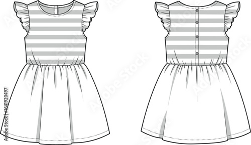 Girls striped bodice dress with ruffle sleeves, gathered skirt, back button closure, casual summer outfit CAD flat fashion illustration