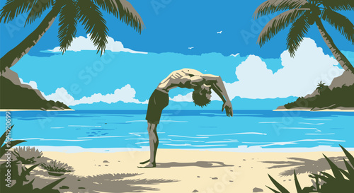 Beach Yoga Serene Backbend Pose at Tropical Coastline