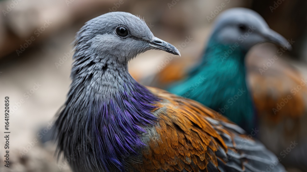 Obraz premium Close-up of two colorful birds with intricate plumage.