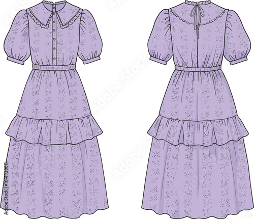 Lavender puff sleeve tiered midi dress with floral print, ruffle collar, and button front design CAD flat vector illustration