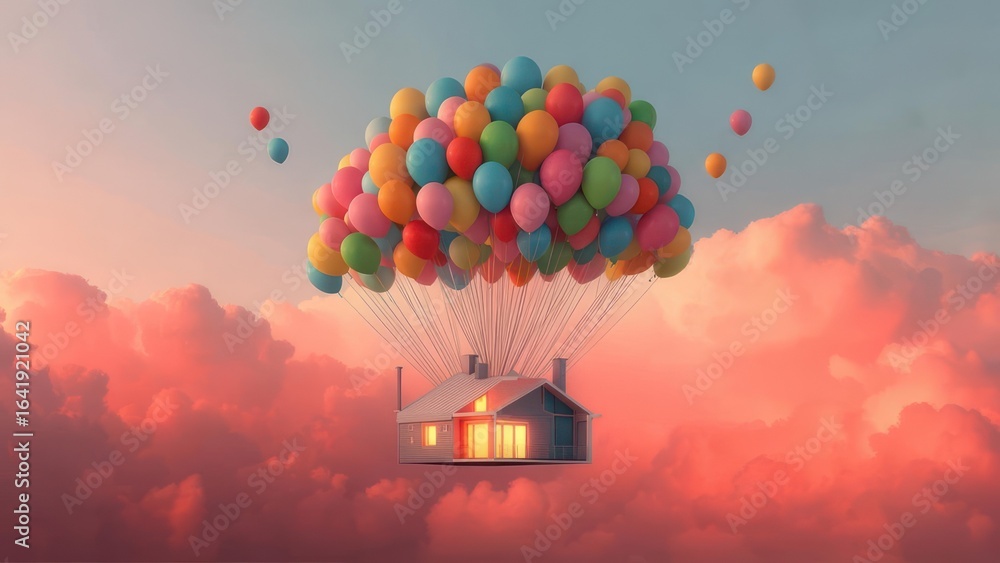 Fototapeta premium House floats on colorful balloons