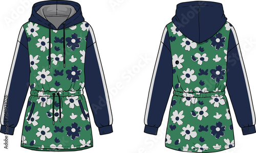 Green floral print hooded tunic dress with navy sleeves, drawstring waist, and front pocket CAD flat vector illustration