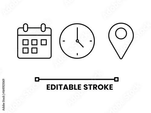 Calendar, clock, location line icon vector isolated on white background. 