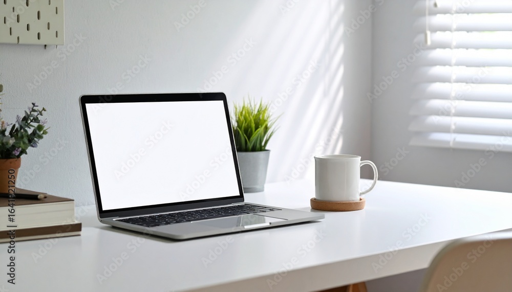 Laptop with Blank White Screen on Modern Minimalist Office Desk Laptop with Blank White Screen on Modern Minimalist Office Desk