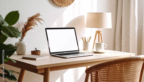 Minimalist Home Office Workspace with Laptop and Desk in Natural Light