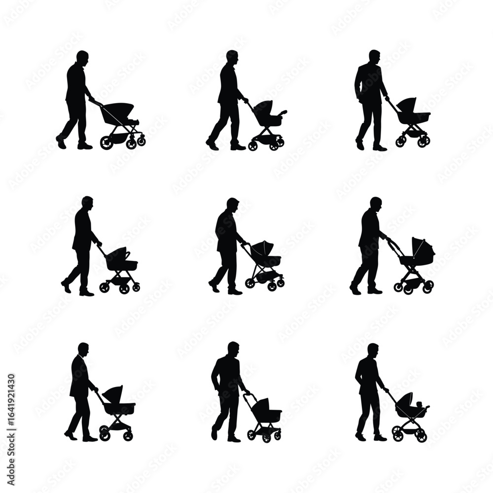 Fototapeta premium Man pushing a baby stroller silhouette set