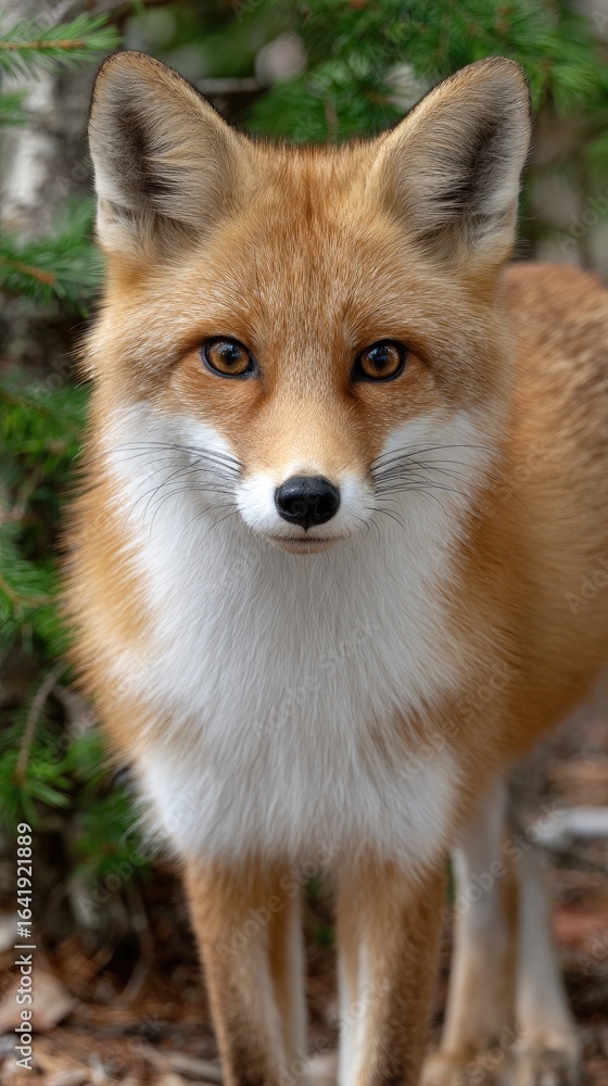 Obraz premium Intriguing fox gazes at the viewer while relaxing beside a tree in a vibrant, serene forest environment