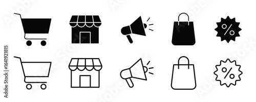 Shopping line icon set vector isolated on white background. shopping, cart, store, shop, shopfront, marketplace, megafon, loudspeaker, announcement, promotion, sale, discount icon