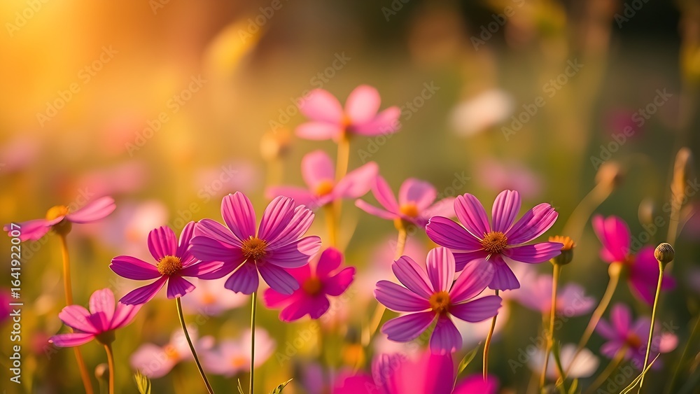 Fototapeta premium A field of bright cosmos flowers bathed in warm sunlight, creating a dreamy and vibrant scene.