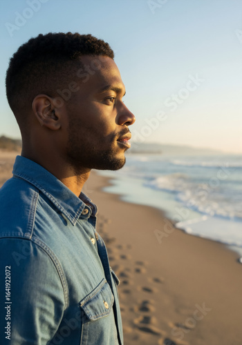 Profile of a pensive black man on the beach at sunset. Close-up of an African American man looking at the ocean. Vertical photo portrait