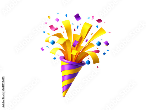 Vibrant Striped Purple and Yellow 3D Party Popper Exploding with Colorful Confetti