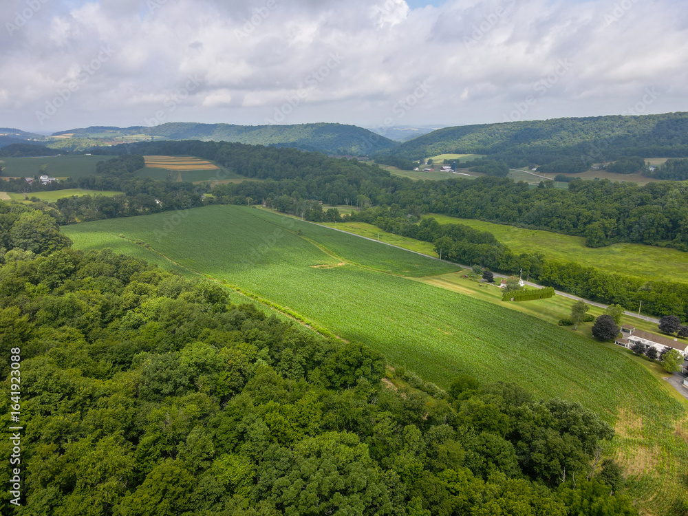 Obraz premium Aerial landscape of farmland in the Appalachian mountains in rural Herndon Central Pennsylvania